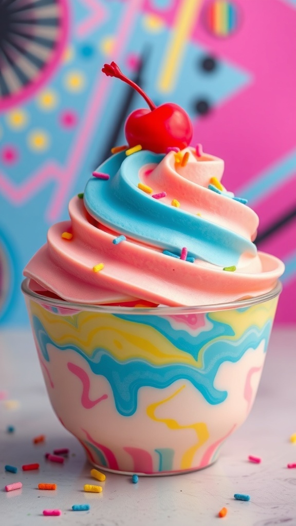 A colorful bowl of 80s aesthetic ice cream with sprinkles and a cherry, set against a retro background.